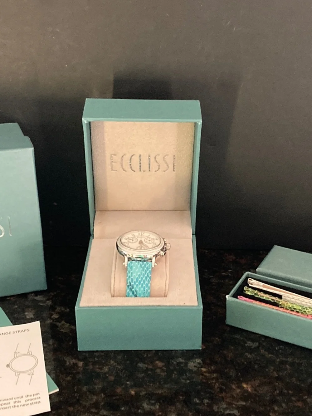 Ecclissi Sterling Multi-Function Chronograph Watch/Snakeskin Embossed Straps/NIB